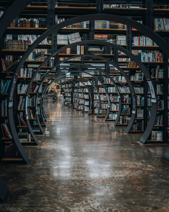 a long row of bookshelves filled with books