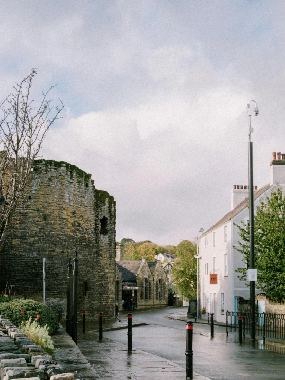 a street is lined with benches and trees