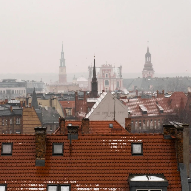 view of city buildings from the rooftop of an old building