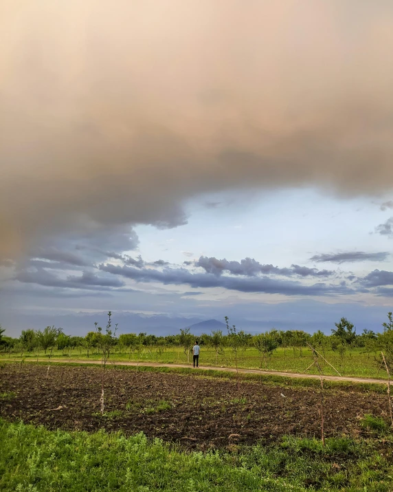 two people on dirt road near a field and a cloudy sky