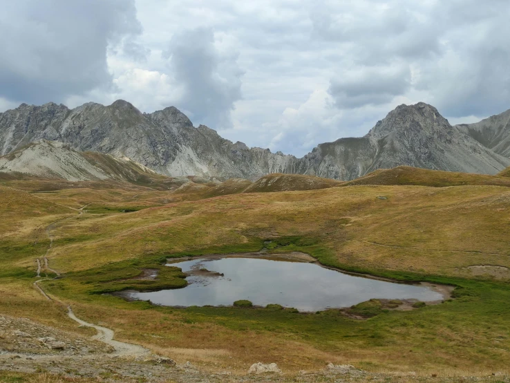 a view of a lake in the middle of a grass land