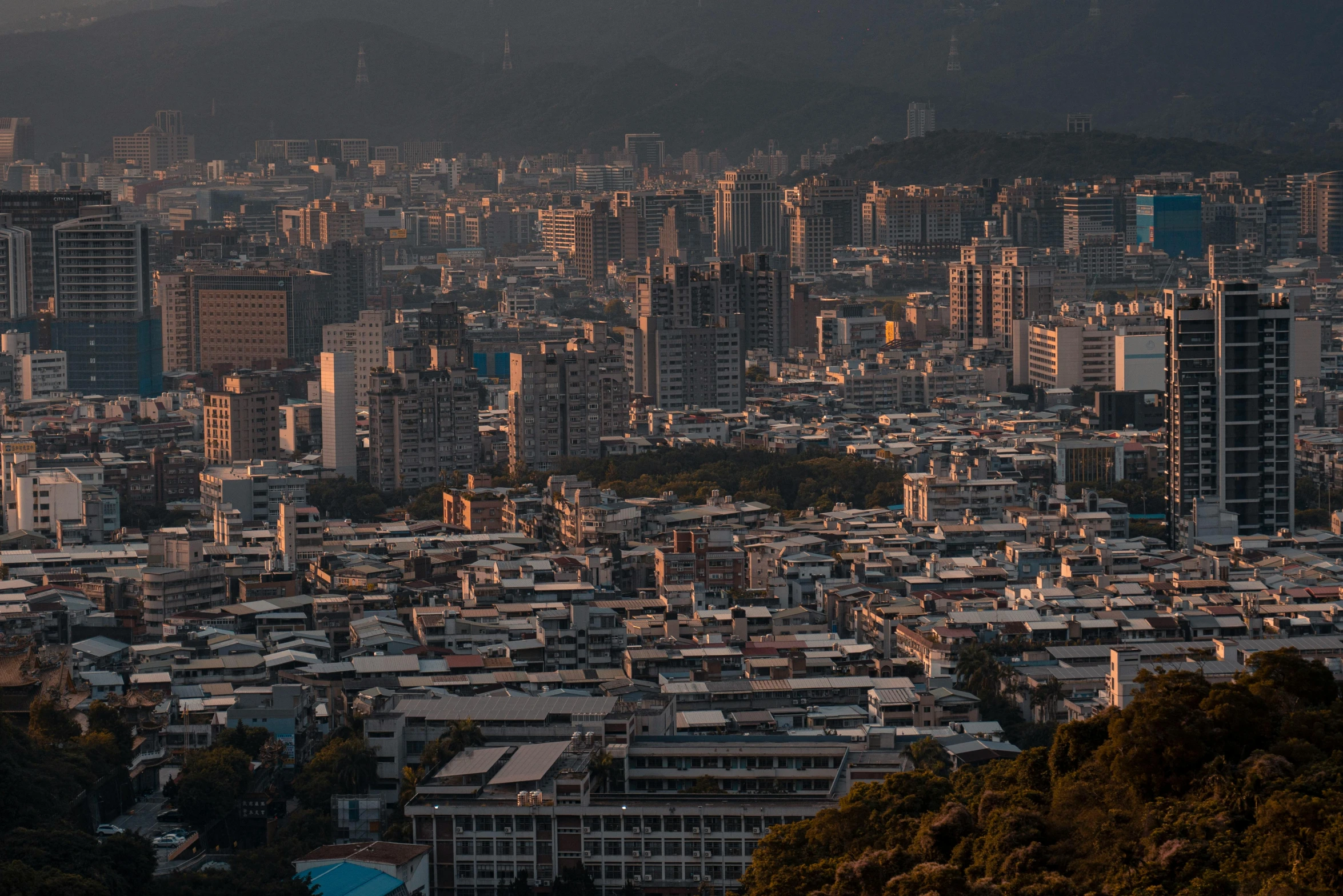 large city with many tall buildings next to tall green trees