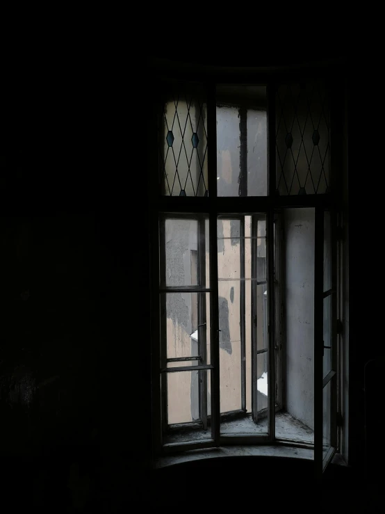 an old window shows a house through the glass