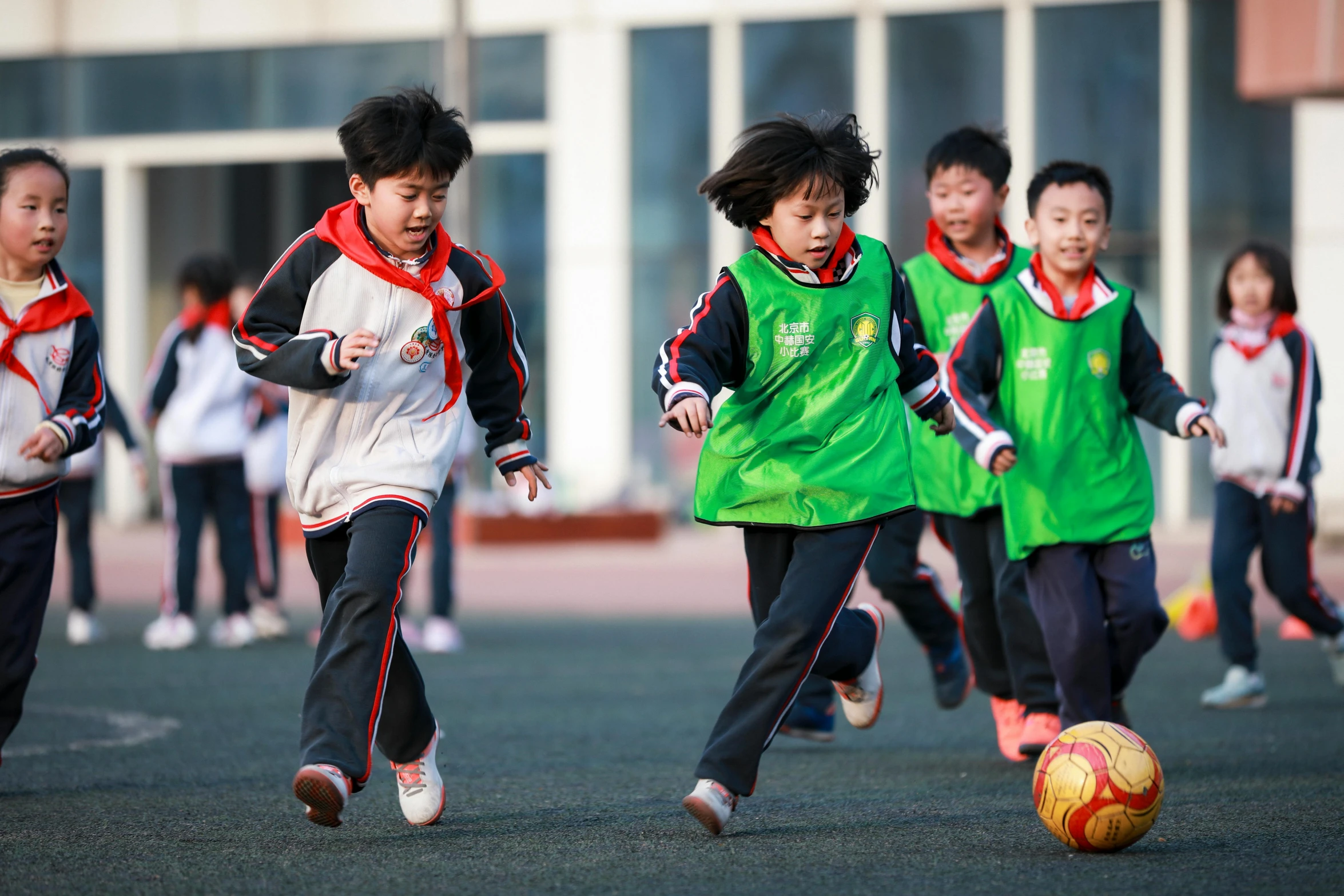 several young children are playing soccer while some watch