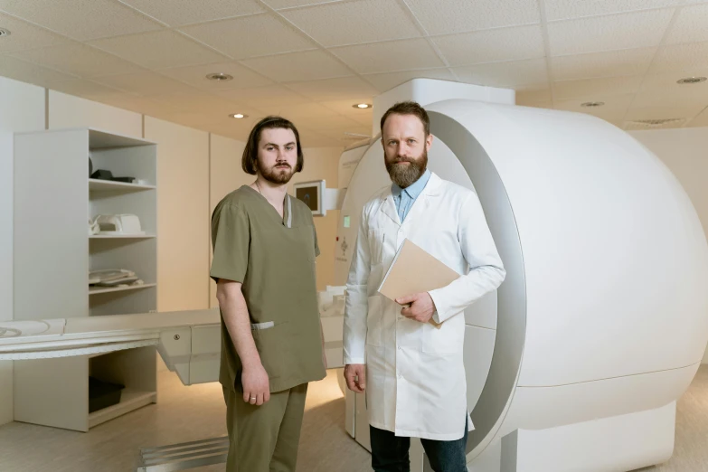 two doctors standing in an empty white lab