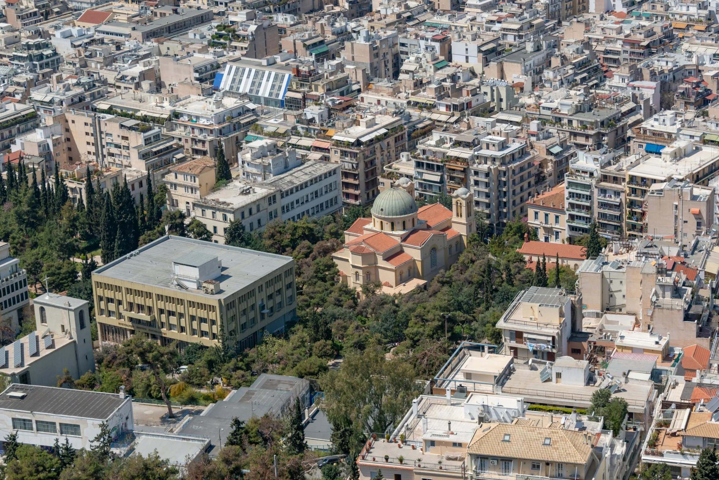 a large city has a very high altitude view of buildings