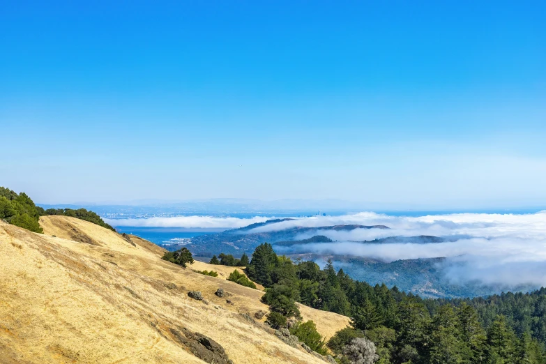 view from top of mountain of clouds and blue sky