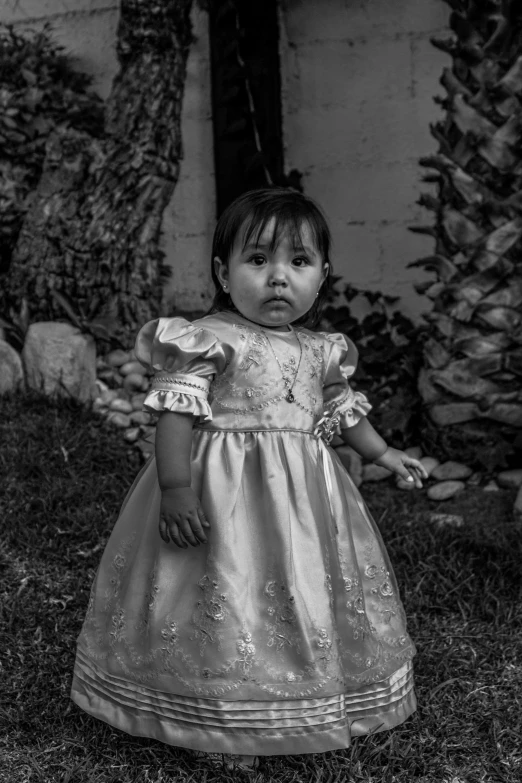 an old black and white po of a toddler in a dress