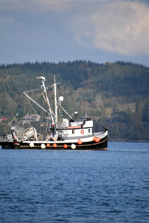 a boat on the water with trees in background