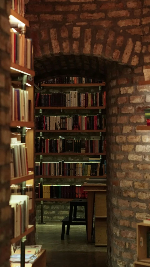 a red brick liry with bookshelves full of books