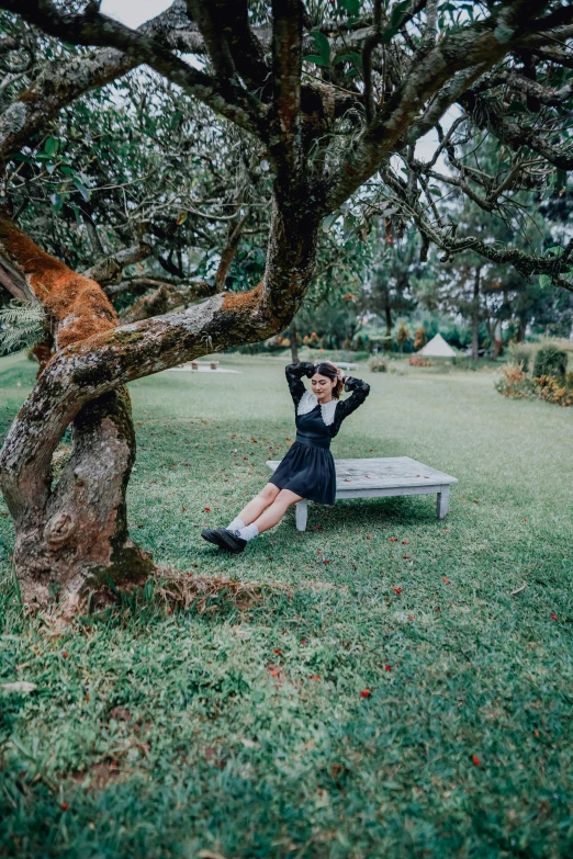 a woman sitting on top of a park bench next to a tree