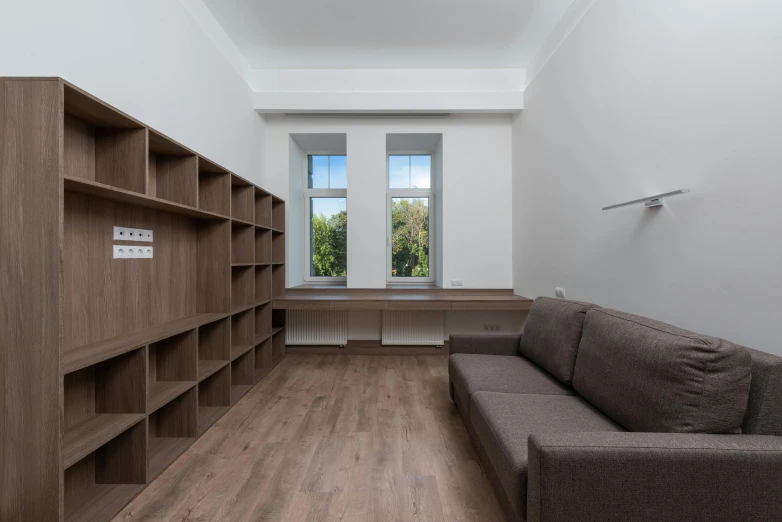 there is a couch, a book shelf and window in the room