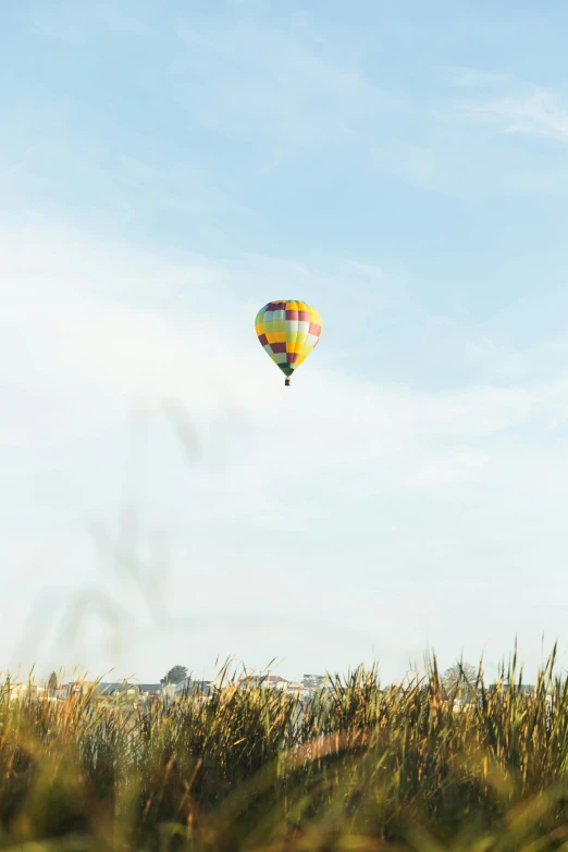 a colorful  air balloon flying through a blue sky