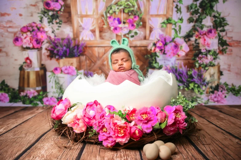 a baby sitting on top of a giant cake