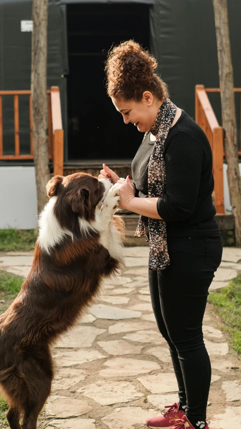 a woman and a dog playing with each other