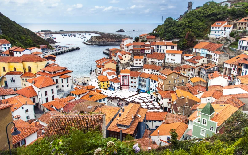 the view from a hillside overlooking the town's red roofed buildings