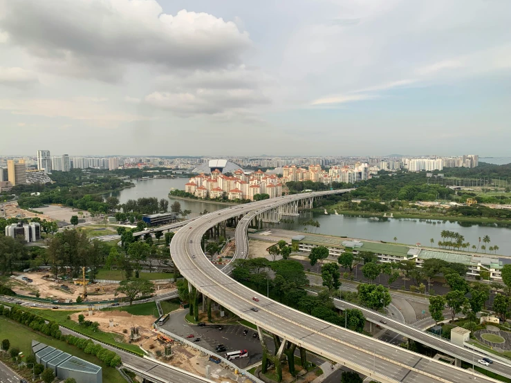 aerial view of city overpass with cars on it