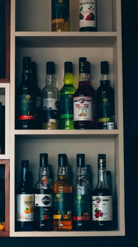 the shelves are full of different kinds of liquor