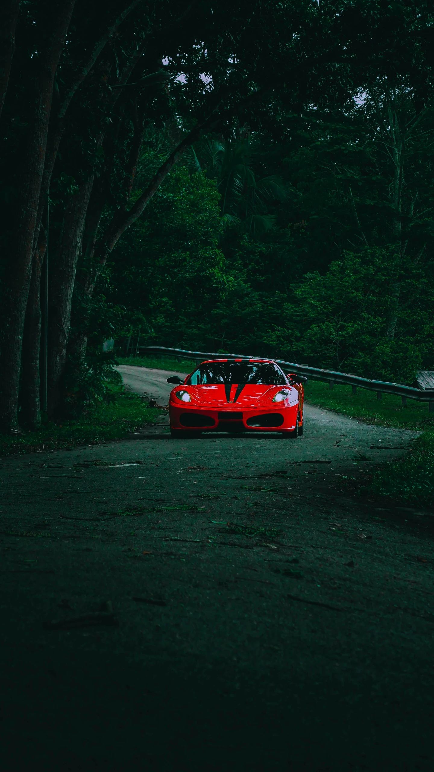 the car is parked at night in a dark forest