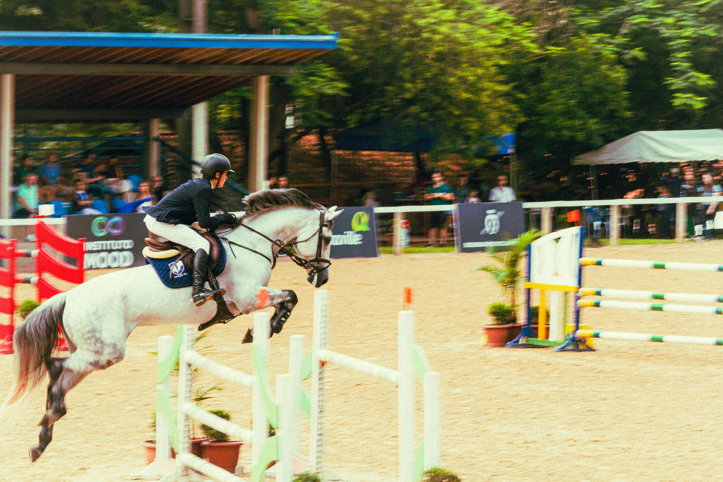 a man riding a horse over a wooden obstacle