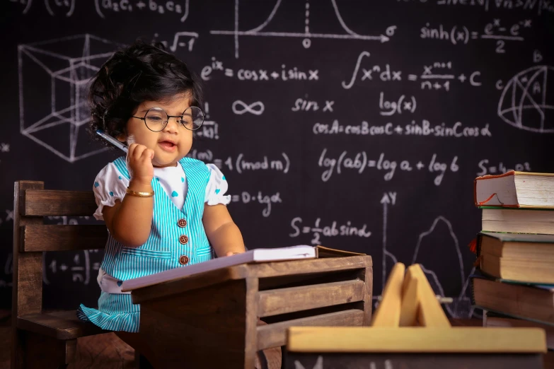 a child sits at a desk in front of a blackboard with calculations