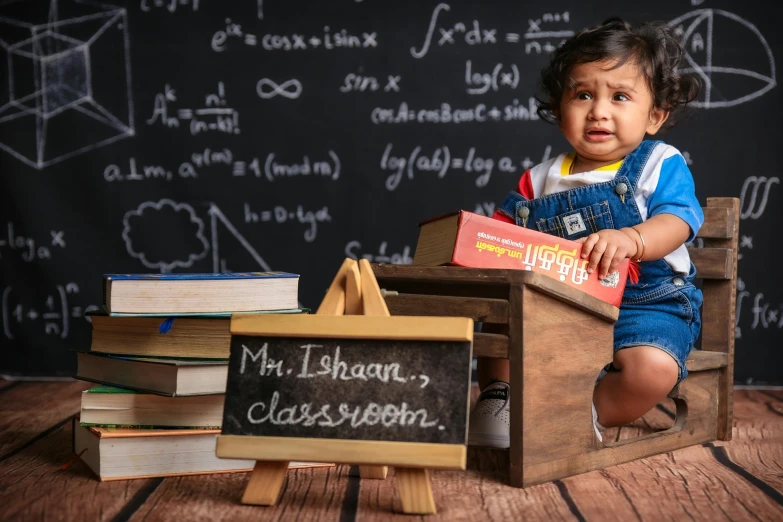 a toddler sitting in a wooden chair with books in front of him