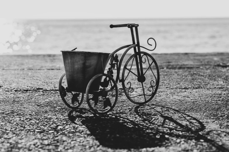 a bike parked next to a small flower pot