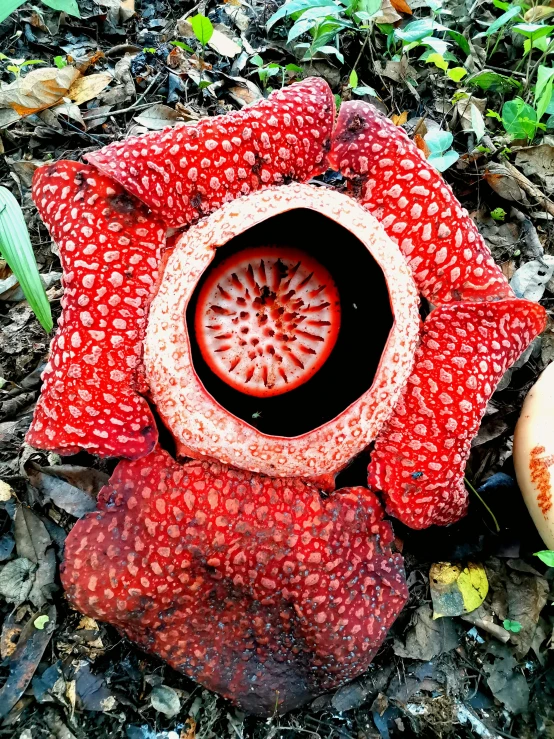 a red sculpture sits on top of a pile of junk