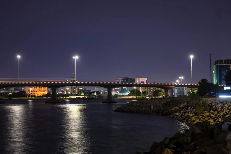 a view of a night scene with the lights lit up