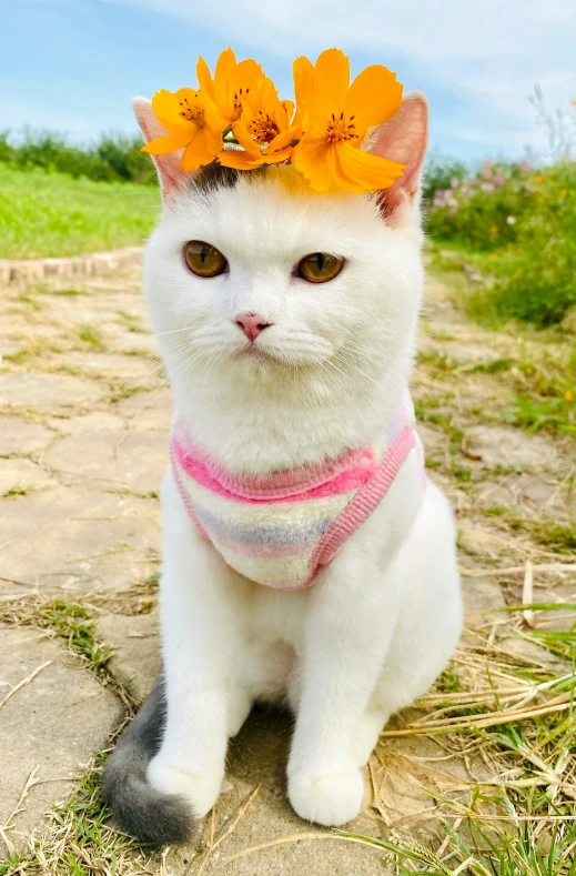 a white cat with flowers on its head