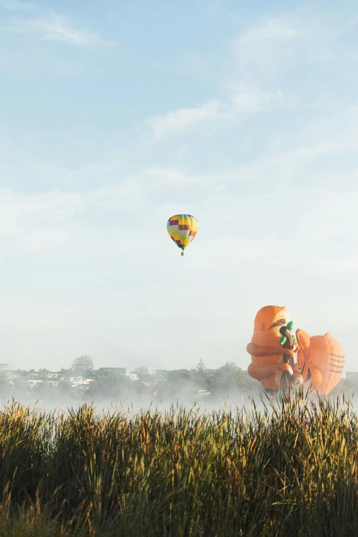 two large air balloons flying over a field