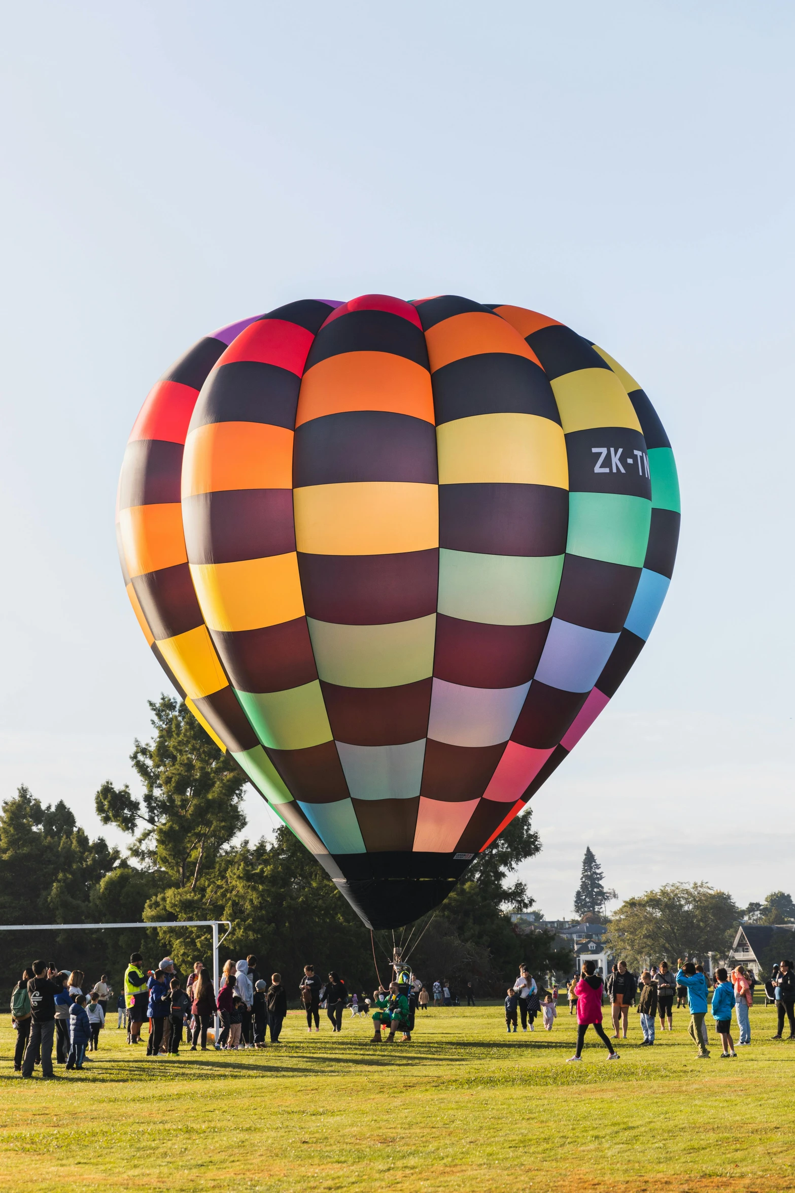 people are in a field with many balloons