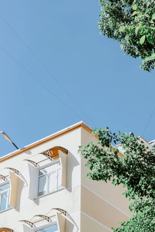 this is an image of a tan building and some trees