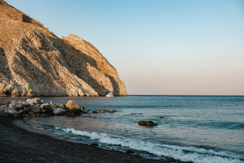 a sandy beach and rocky shore near the ocean