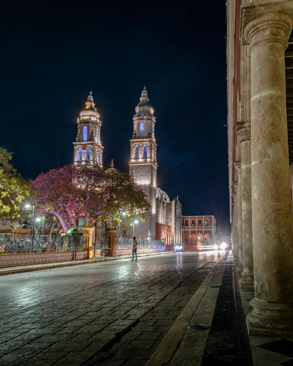 large cathedral type building with light on at night