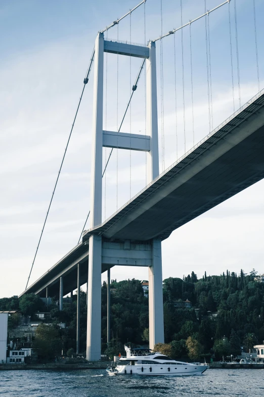 a boat that is floating in the water by a bridge