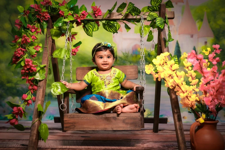 a small child sits in a swing with flowers