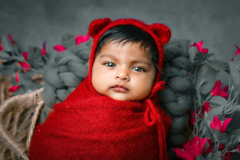 a very young  wearing a bear outfit laying in a basket