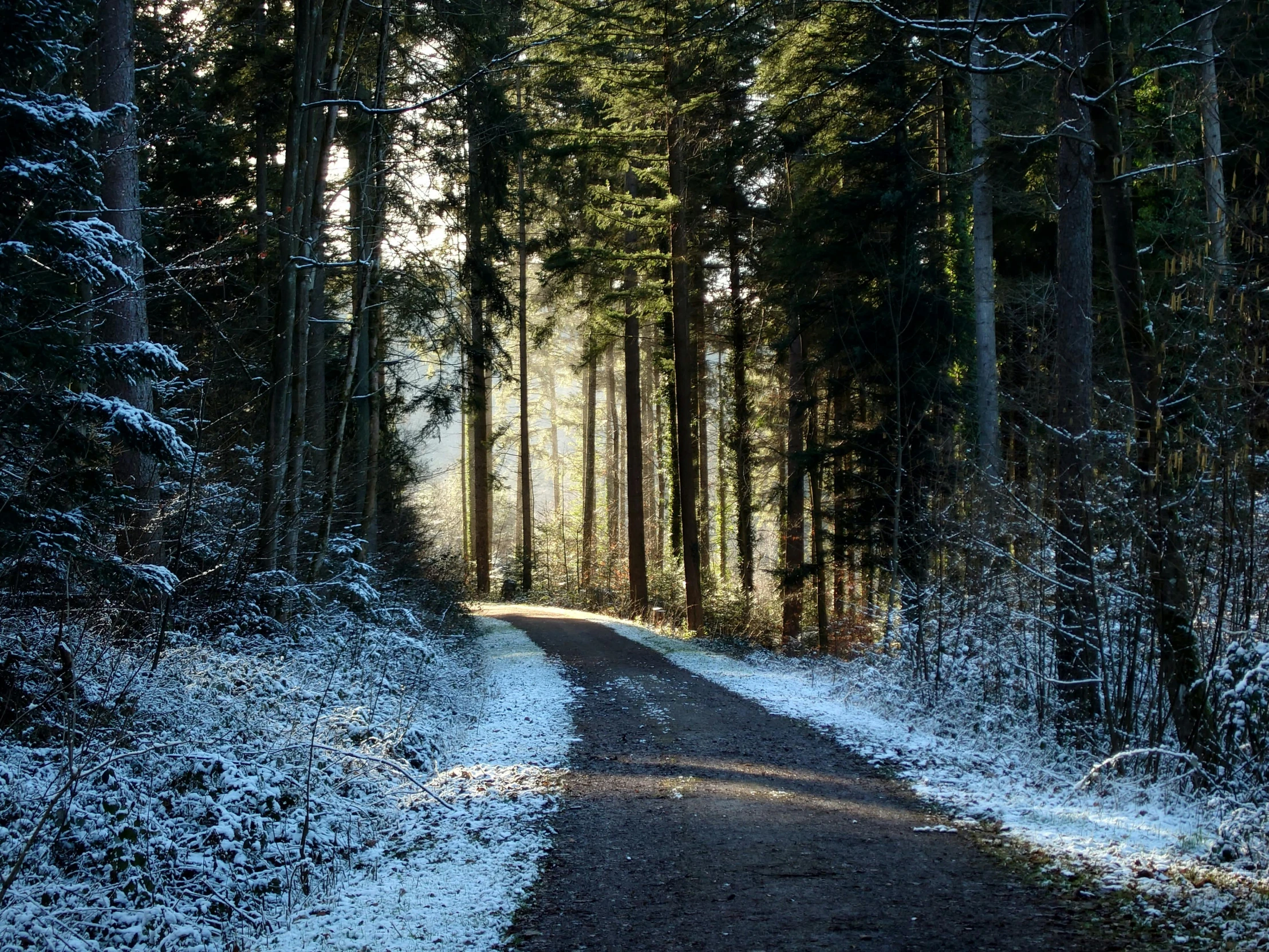 a dirt road with a small snow covered area