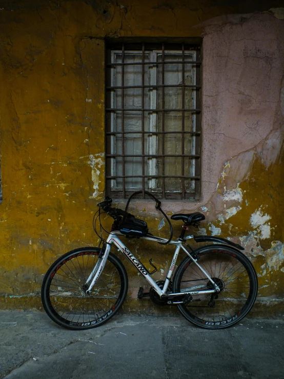 a bike is standing against a wall and windows