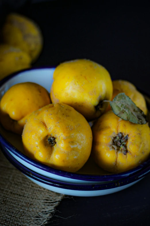 a blue and white bowl filled with ripe oranges