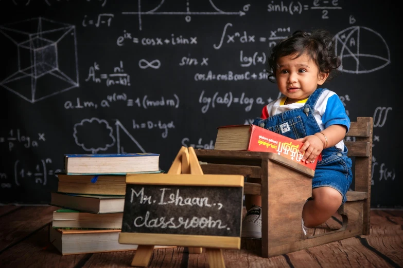 a  sits on a toy made of wooden blocks