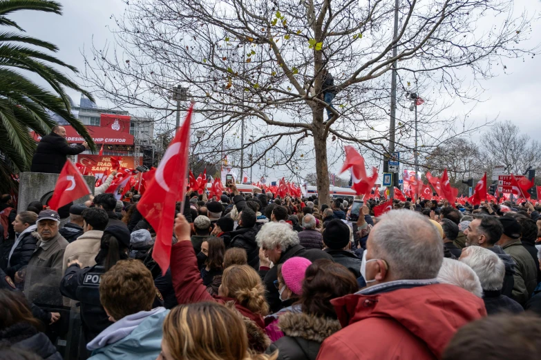 a large group of people holding up their flags