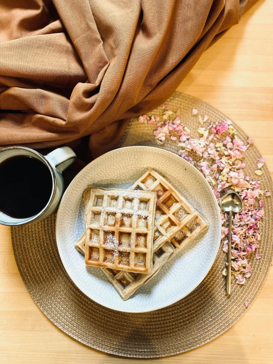 waffles with coffee and flowers on the plate