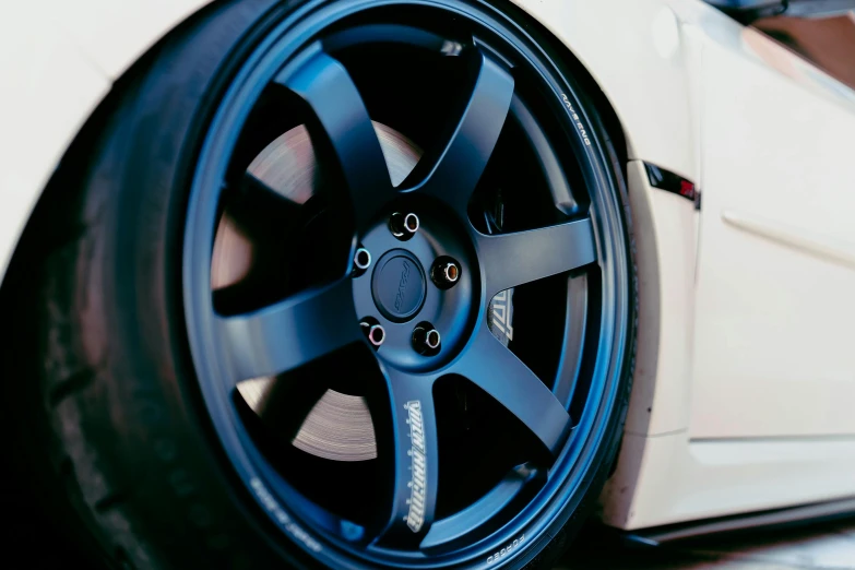 the back end of a sports car with some black rims