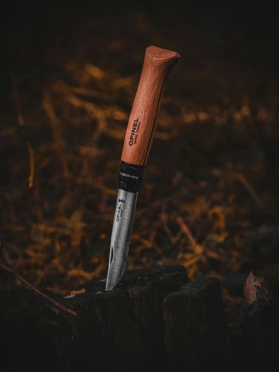 a sharp knife resting on top of a tree stump