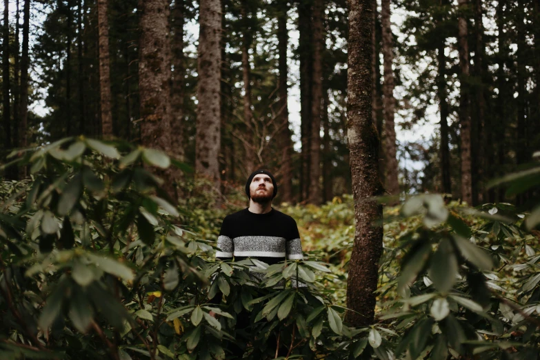 a man standing in front of trees in the woods