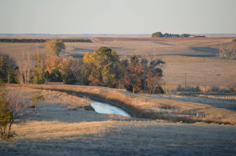 a wide open landscape with trees and grass on the sides