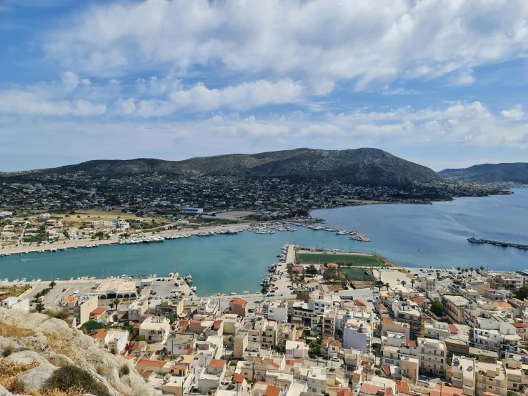 a harbor next to a large city next to the ocean