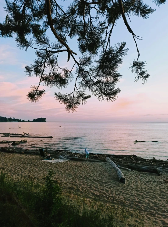 a po from the shore of a beautiful sunset